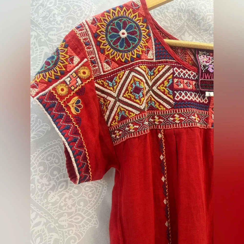 Johnny Was Red Embroidered Linen Dress/Tunic, Women’s Small; Beach Boho Beauty! - Picture 16 of 17